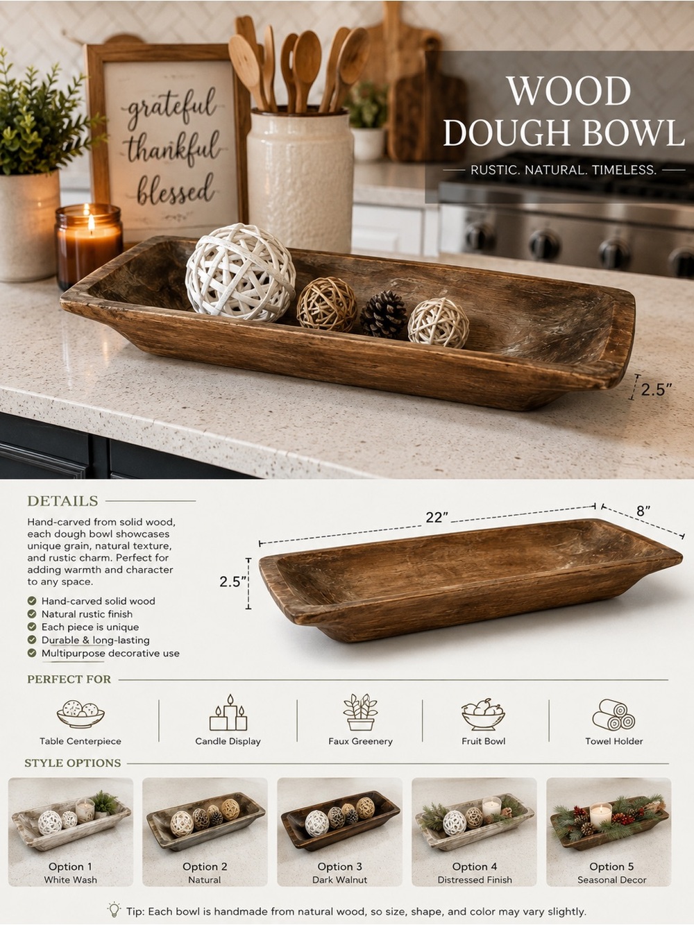 5piece rustic Wood Dough Bowl - Natural Brown-with 4 extra pieces for decoration
